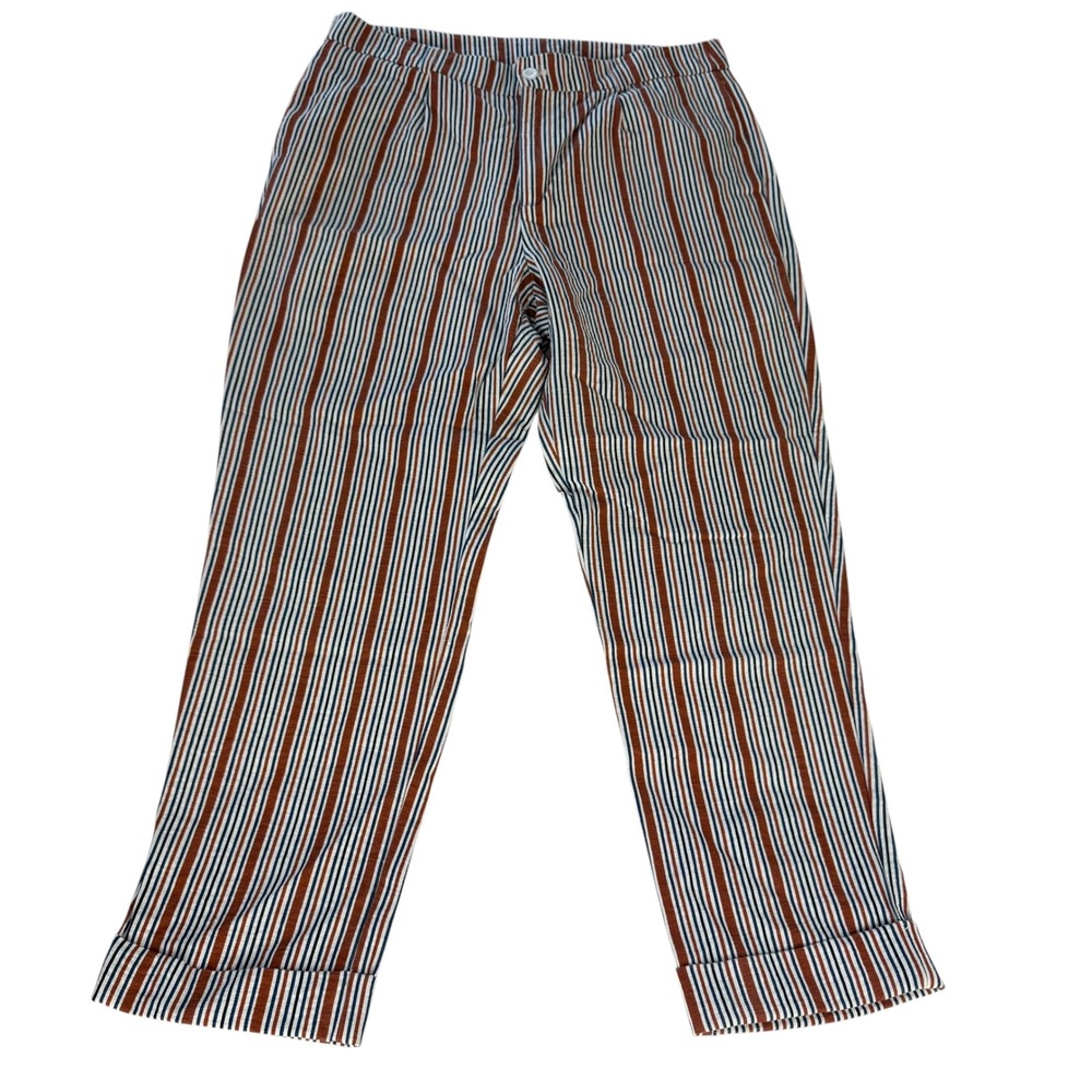 Lumiere Womens Striped High Rise Straight Leg Cuffed Trousers Rust Navy Large